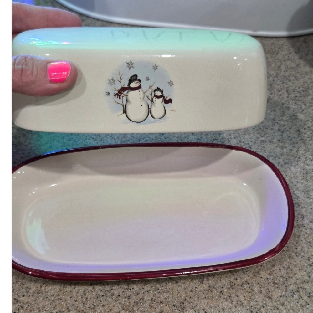 Snowman Family Ceramic Butter Dish with Lid Red Trim Winter Holiday Decor - Picture 4 of 11